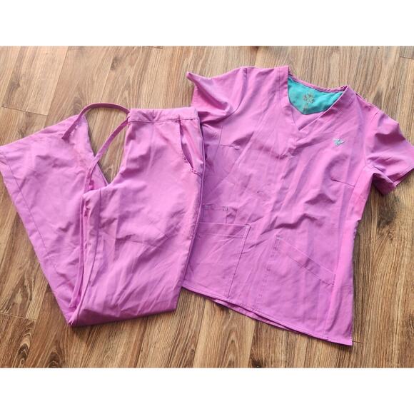 Medcouture Pants - Womens Medcouture Gold Scrub Set Size SMALL Pink Drawstring Flare Leg Embroidery